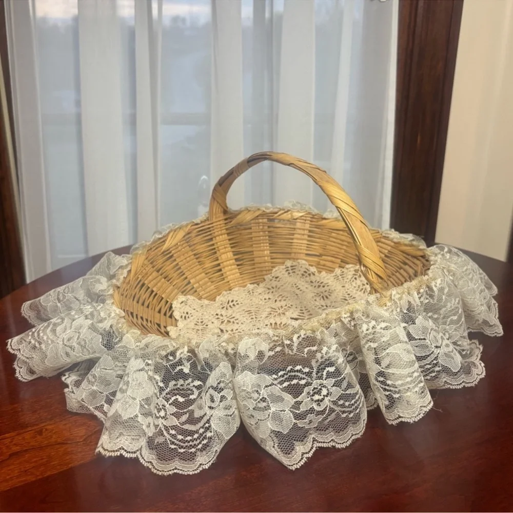 Victorian Lovers Basket Vintage Hand Crafted Lace Cottage Gathering Basket